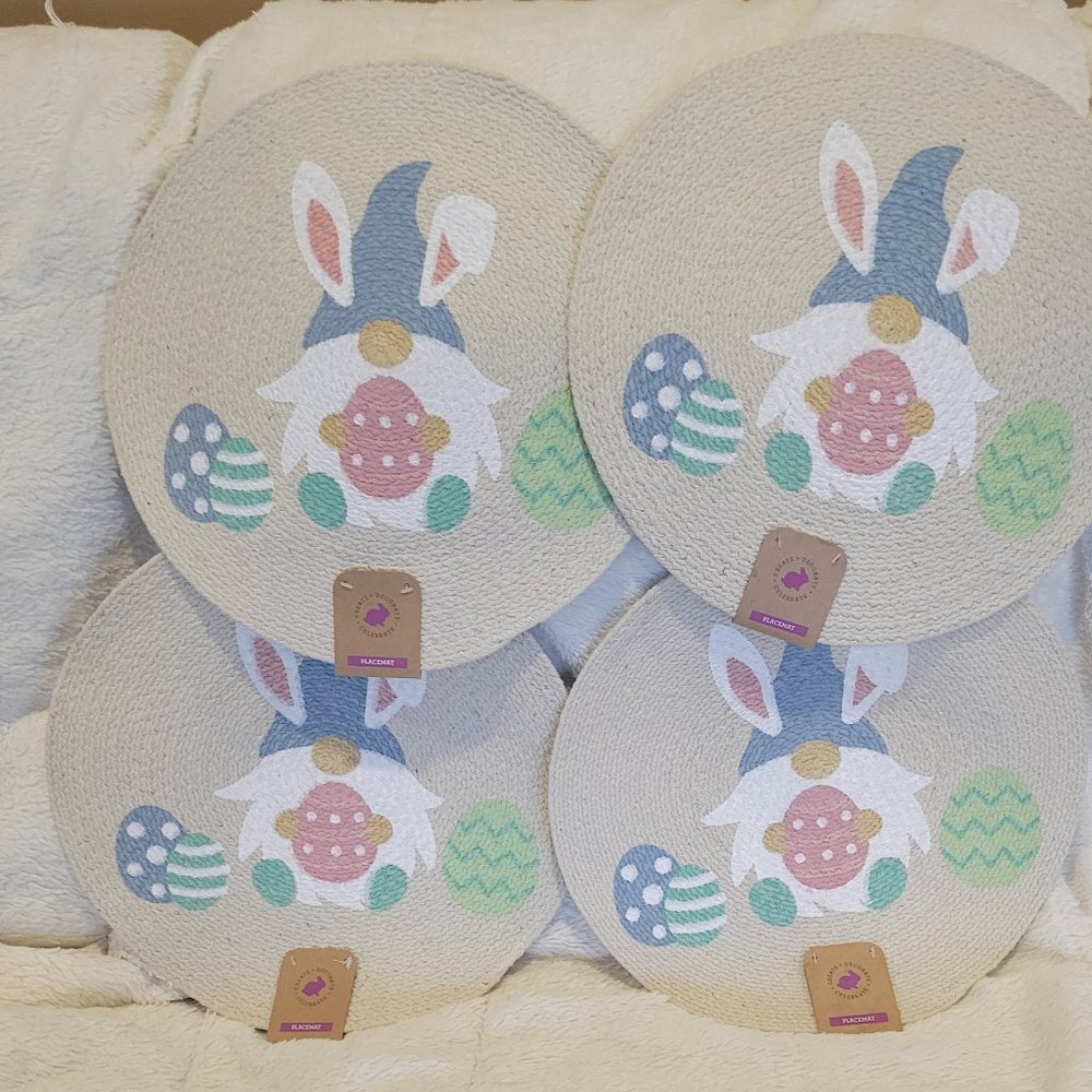 Easter Bunny Gnome with Eggs 15" Round Fabric Placemat Set of 4 New
